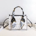 White PU leather tote bag with brand print and decorative silk scarf handle - White Letter Print Style (Style 3)