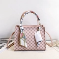 Pink tote bag with dark clover pattern, leather handles and silk scarf detail - Pink Monogram Style (Style 4)