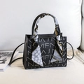 Black PU tote bag with white letter print and decorative silk scarf on handle - Black Letter Print Style (Style 5)