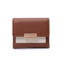 Detail of short tri-fold wallet with brown leather, beige fabric and gold metal bar - Brown