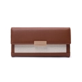 Detail view of brown pebbled leather and beige fabric wallet with a gold rectangular buckle - Brown