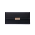 Detail of black pebbled leather wallet featuring a rectangular gold vertical stripe metal buckle - Black