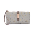 Detail of light green floral long wallet with golden leaf clasp and leather wrist strap - Grey Green