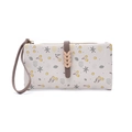 Detailed view of floral long wallet featuring a metal leaf clasp and wristlet strap - Beige Apricot