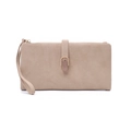 Close-up of matte apricot long wallet featuring woven wristlet and metal buckle detail - Apricot