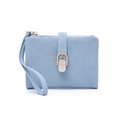 Detail of light blue faux suede wallet featuring a gold zip and branded metal buckle - Blue