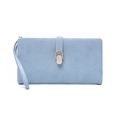 Detailed view of long PU leather wallet featuring light blue matte finish and metal buckle - Sky Blue