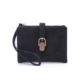 Detailed view of a black suede wristlet wallet featuring a golden horseshoe buckle - Black