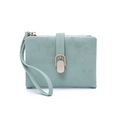 Detail of mint green suede wallet with gold metal clasp and a convenient wrist strap - Green