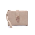 Detail of minimalist beige PU leather wallet featuring zipper and metal snap buckle - Apricot