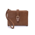 Close-up of brown suede women's short wallet with decorative U-shaped metal buckle and wrist strap - Coffee