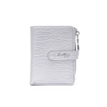 Detail of silver women's wallet showing litchi texture, snap button and metal zipper - Silver