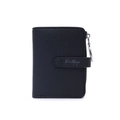 Close-up of black lychee grain faux leather texture and silver zipper detail on wallet - Black