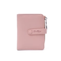 Close-up of pink litchi grain leather wallet with snap button and zipper pocket - Pink