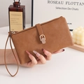 Brown matte PU leather long wallet for women with golden buckle and wrist strap - Coffee