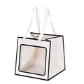Minimalist square white gift bag with black trim, transparent window and ribbon handle - 20x20x20cm White Black Border