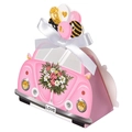 Roze trouwbedankje doosje in autovorm met bloemenpatroon en wit satijnen strikje - Roze Trouwauto (HB0017) / 10 stuks/verpakking (8x4.5x5.5cm)