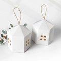 White hexagonal house gift box with hollow windows and twine handle on gray background - 8.5x8.5x6.5cm (Pack of 10) / White