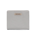 Detail of grey quilted faux leather wallet with gold metal plate and V-shape stitching - Gray