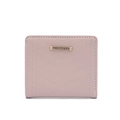 Detailed view of pale pink bi-fold wallet featuring V-quilted stitching and metal logo - Pink