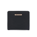 Detailed view of black quilted faux leather card wallet with elegant golden metal logo plate - Black