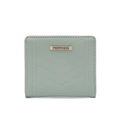 Close-up of mint green wallet featuring V-shaped chevron quilting and golden metal nameplate - Green
