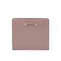 Close-up of pink bi-fold wallet with V-shaped stitching and gold brand logo detail - Dust Rose