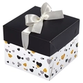 Elegant black and white square gift box with gold glitter hearts and white satin bow - Black Gold Heart Pattern Style / Small