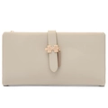 Detail view of the elegant metal puzzle closure on a beige long leather wallet for women - Green