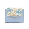 Close-up of floral print PU leather wallet with a rose gold square metal buckle closure - Blue