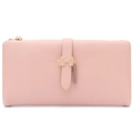Detail view of pink PU leather wallet with gold jigsaw buckle and zipper closure - Orange