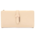 Detail view of smooth beige faux leather wallet with gold zipper and puzzle buckle - Yellow