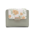 Detail of light green pebbled leather wallet with floral flap and golden clasp - Green