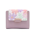 Close-up of floral print flap and gold clasp on purple pebbled leather wallet - Purple