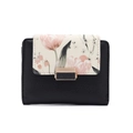 Close-up of black leather wallet with pink tulip print and gold metal snap closure - Black