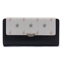 Detailed view of long floral PU leather wallet with lychee texture and leaf metal clasp - Black