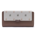 Close-up of long floral wallet with brown lychee texture and leaf magnetic clasp - Brown