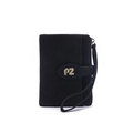 Detail view of black matte wristlet wallet featuring PZ metal buckle and wrist strap - Black