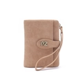 Detail of khaki mini coin purse with wrist strap and signature PZ metal buckle closure - Apricot