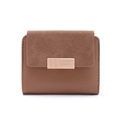 Close-up of caramel bifold wallet featuring suede texture and gold logo buckle - Coffee (Caramel)