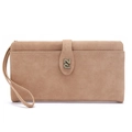 Detail view of the beige faux leather long wallet with wristlet strap and PZ metal logo - Apricot
