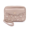 Detail of floral leather passport wallet with wristlet and secure metal snap closure - Apricot