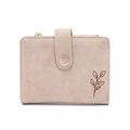 Detailed view of beige faux leather wallet with plant leaf embroidery and snap closure - Apricot
