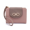 Short pink and grey PU leather wallet for women with leaf buckle and wrist strap - Hexagonal Buckle Style (With Wrist Strap) / Pink Patchwork
