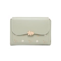 Floral print green PU leather fold wallet for women with flower buckle and wavy edge - Green