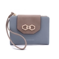 Blue and brown bicolor PU leather wallet with leaf buckle and textured finish - Hexagonal Buckle Style (With Wrist Strap)