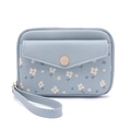 Detail of light blue floral leather passport wallet with gold embossed logo button - Blue