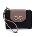 Women short wallet in black and khaki with golden leaf buckle and wrist strap - Black Color Block