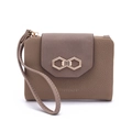 Khaki short PU leather wallet for women with leaf buckle and wristlet strap - Hexagonal Buckle Style (With Wrist Strap) / Camel Color Block