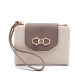 Short bi-color women's wallet in beige and taupe PU leather with leaf buckle - Hexagonal Buckle Style (With Wrist Strap)